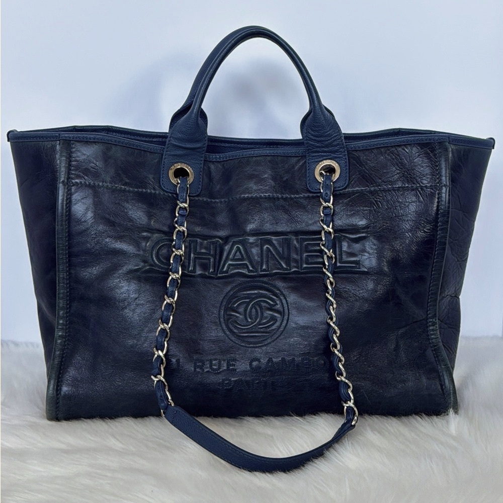 Chanel Large Navy Blue Leather Deauville Tote